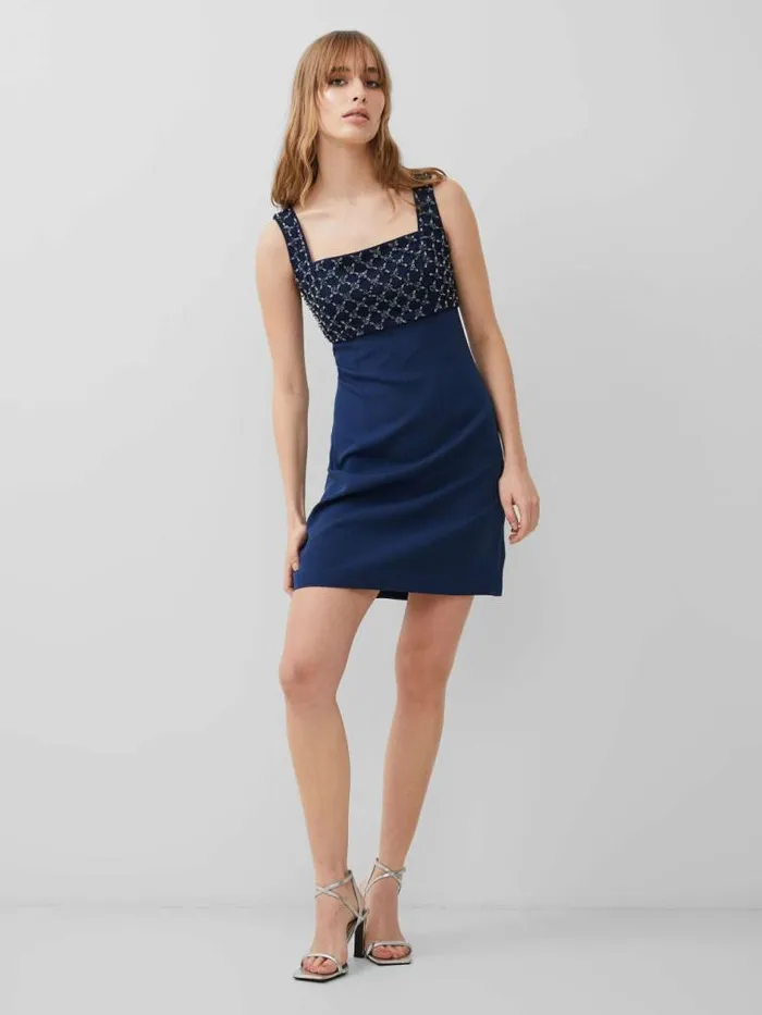 French Connection Embroidered Darcy Crepe Mini Dress Midnight Blue Women Dresses