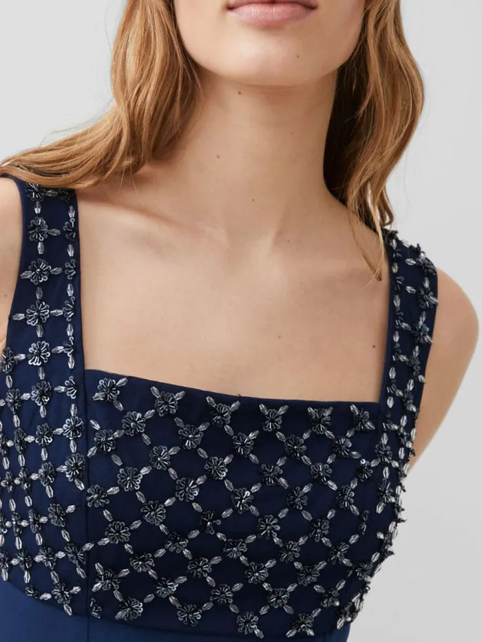 French Connection Embroidered Darcy Crepe Mini Dress Midnight Blue Women Dresses