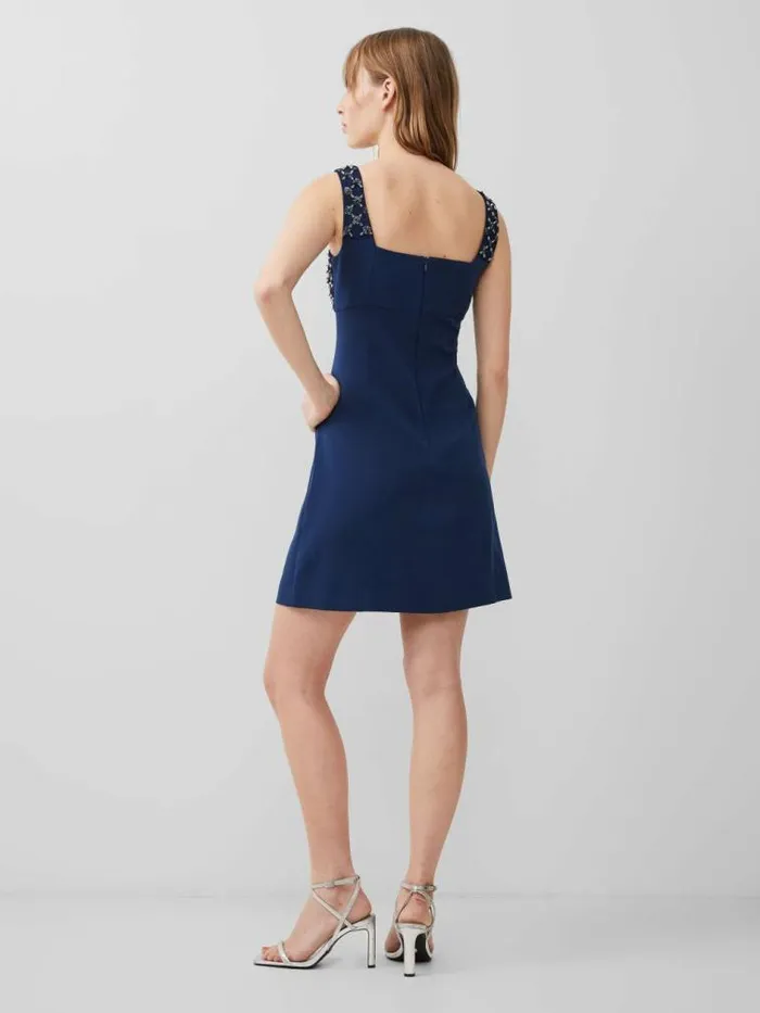 French Connection Embroidered Darcy Crepe Mini Dress Midnight Blue Women Dresses