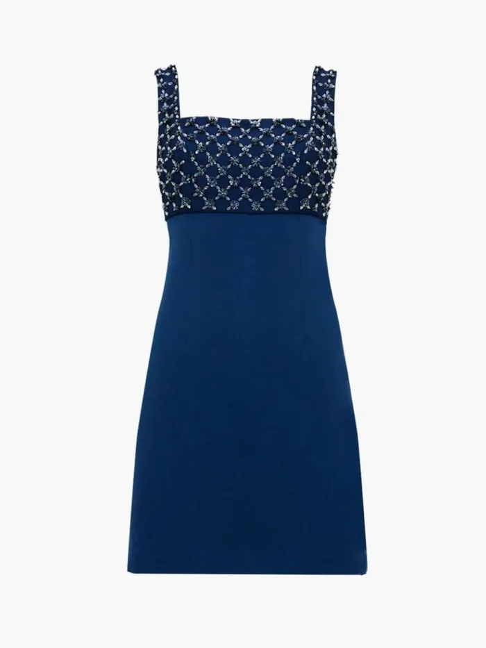 French Connection Embroidered Darcy Crepe Mini Dress Midnight Blue Women Dresses