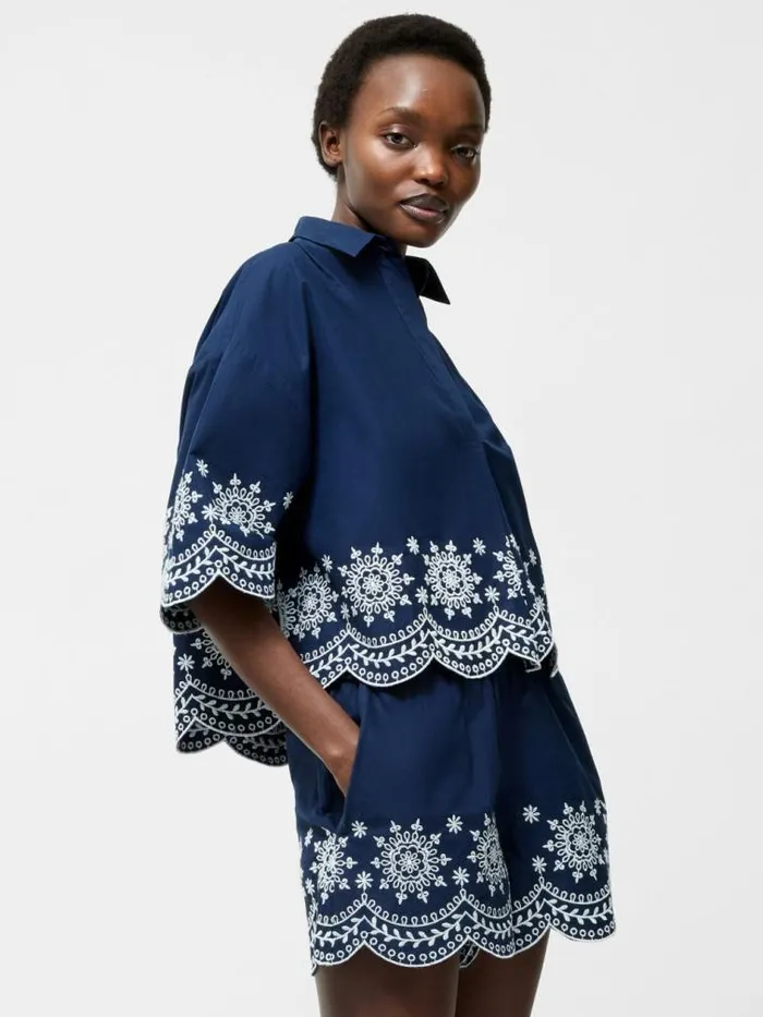 French Connection Embroidered Hem Popover Short Sleeve Shirt Midnightlinen White Women Tops French Connection Embroidered Hem Popover Short Sleeve Shirt Midnightlinen White Women Tops