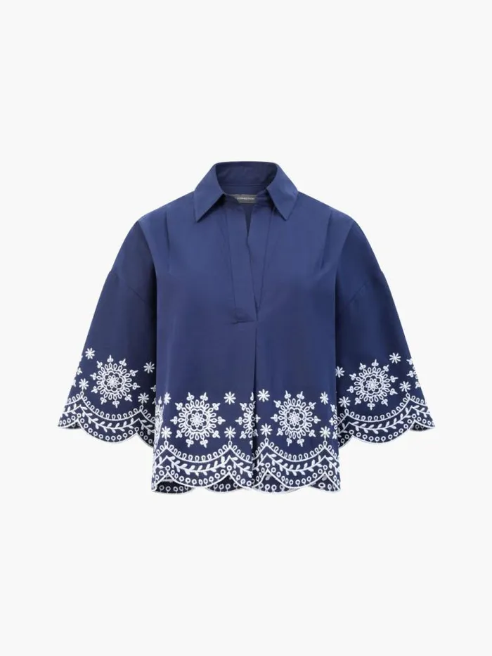 French Connection Embroidered Hem Popover Short Sleeve Shirt Midnightlinen White Women Tops