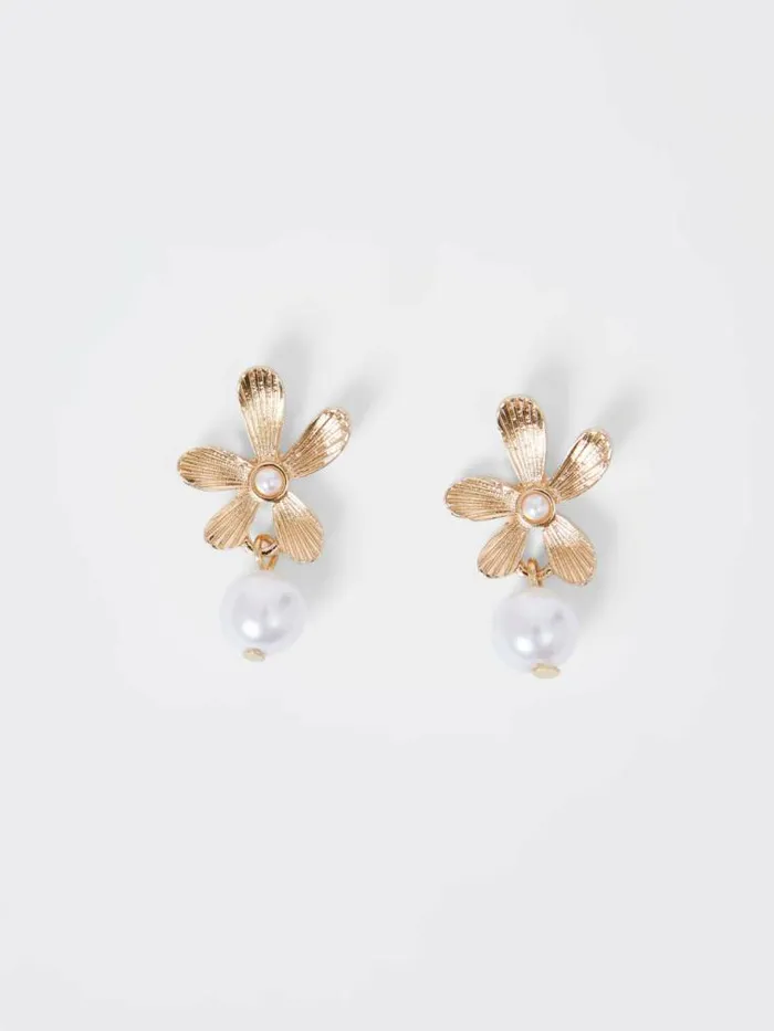 French Connection Flower Faux Pearl Drop Earrings Gold Women Jewellery