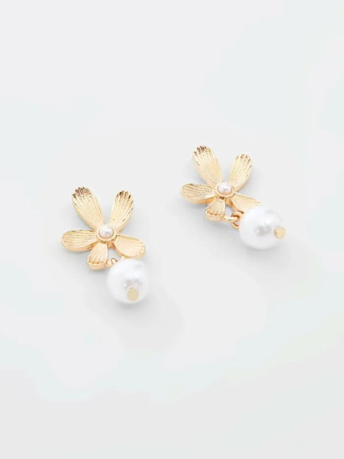 French Connection Flower Faux Pearl Drop Earrings Gold Women Jewellery