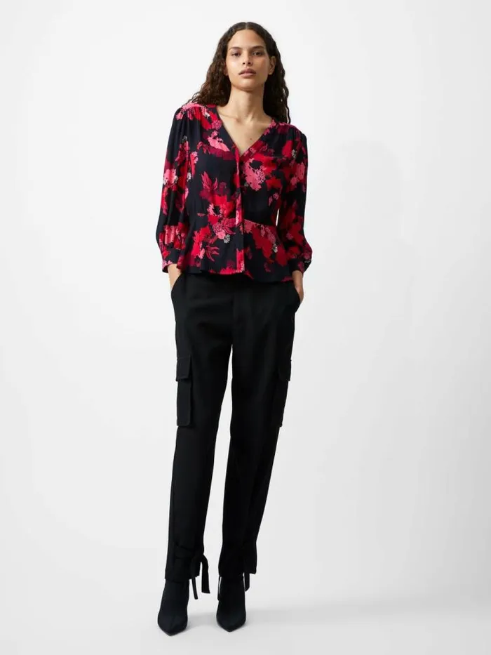 French Connection Foliage Chiara Balloon Sleeve Top Blackout Multi Women Tops