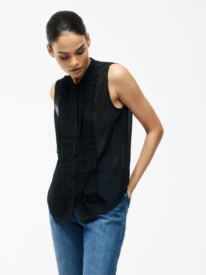 French Connection Frill Sleeveless Henley Button Down Tank Top Black Women Tops