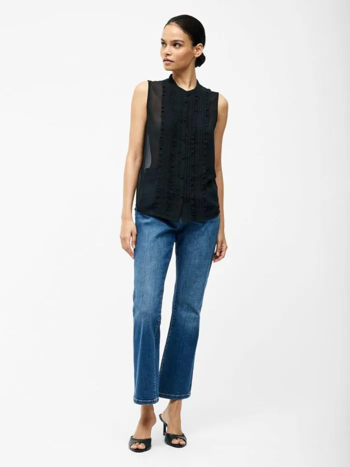 French Connection Frill Sleeveless Henley Button Down Tank Top Black Women Tops
