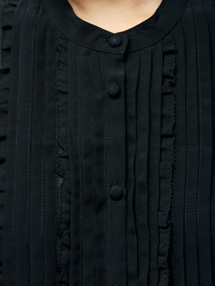 French Connection Frill Sleeveless Henley Button Down Tank Top Black Women Tops