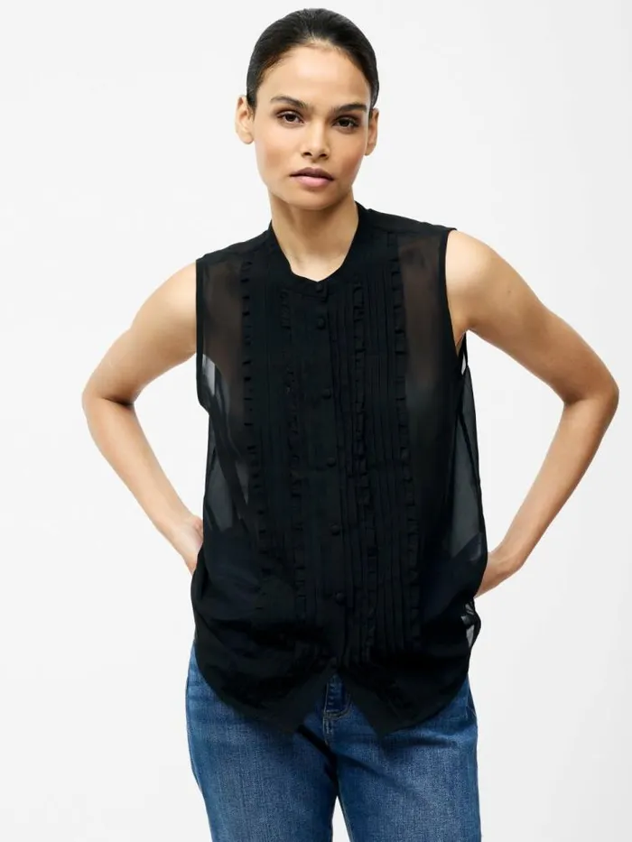 French Connection Frill Sleeveless Henley Button Down Tank Top Black Women Tops