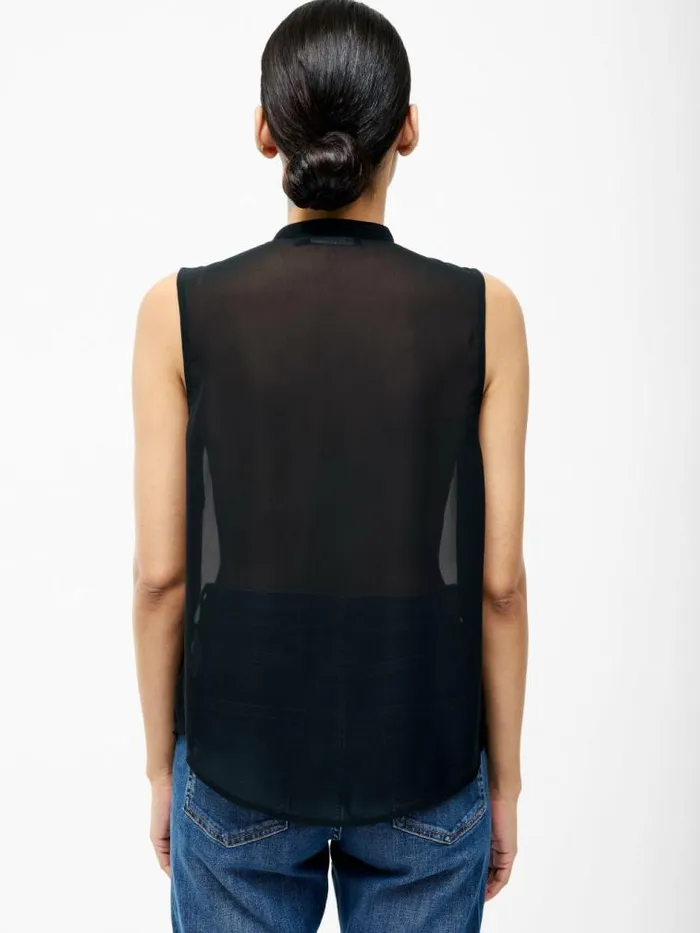 French Connection Frill Sleeveless Henley Button Down Tank Top Black Women Tops