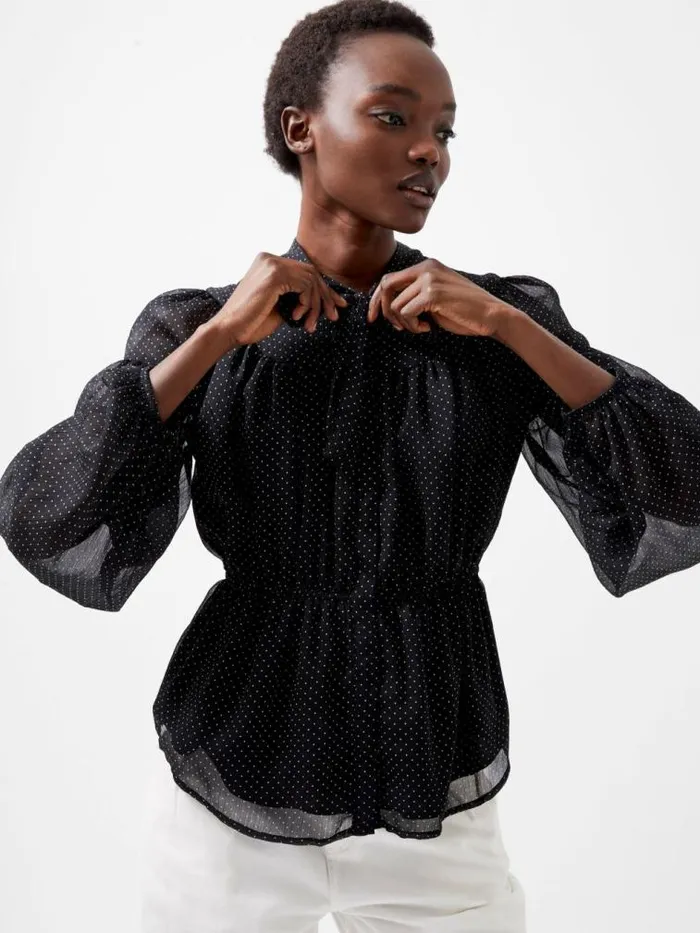 French Connection Ines Chiffon Fitted Waist Blouse Blackoutsummer Whit Women Tops
