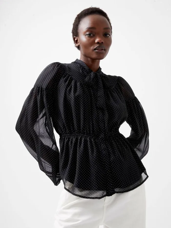 French Connection Ines Chiffon Fitted Waist Blouse Blackoutsummer Whit Women Tops