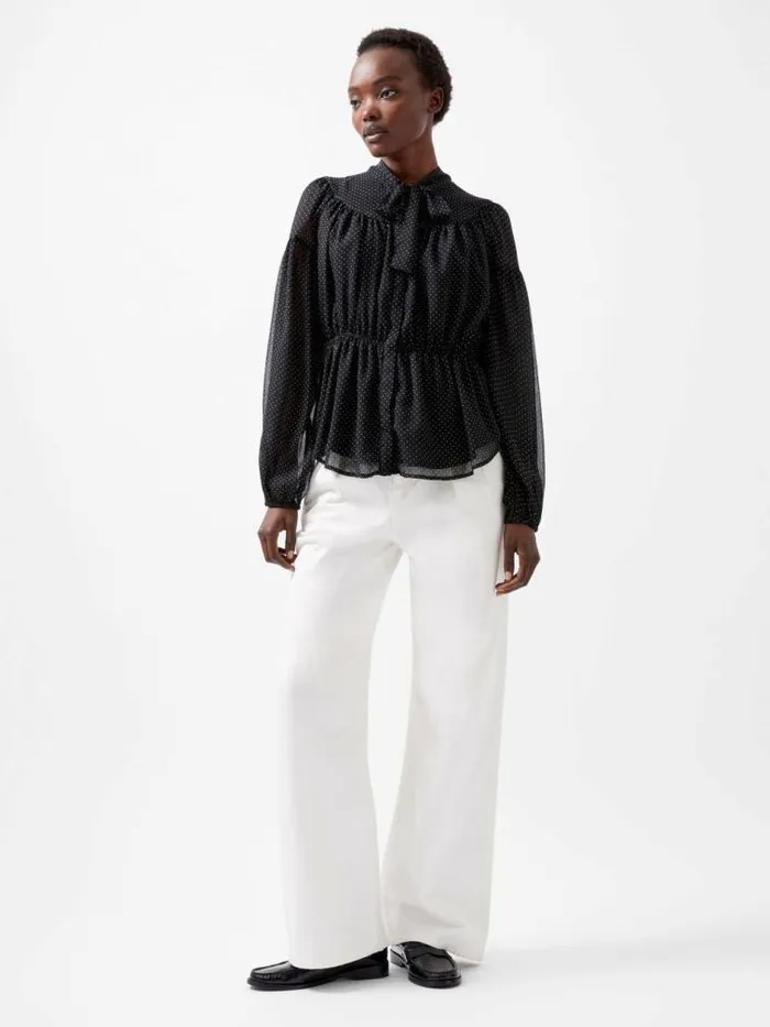 French Connection Ines Chiffon Fitted Waist Blouse Blackoutsummer Whit Women Tops