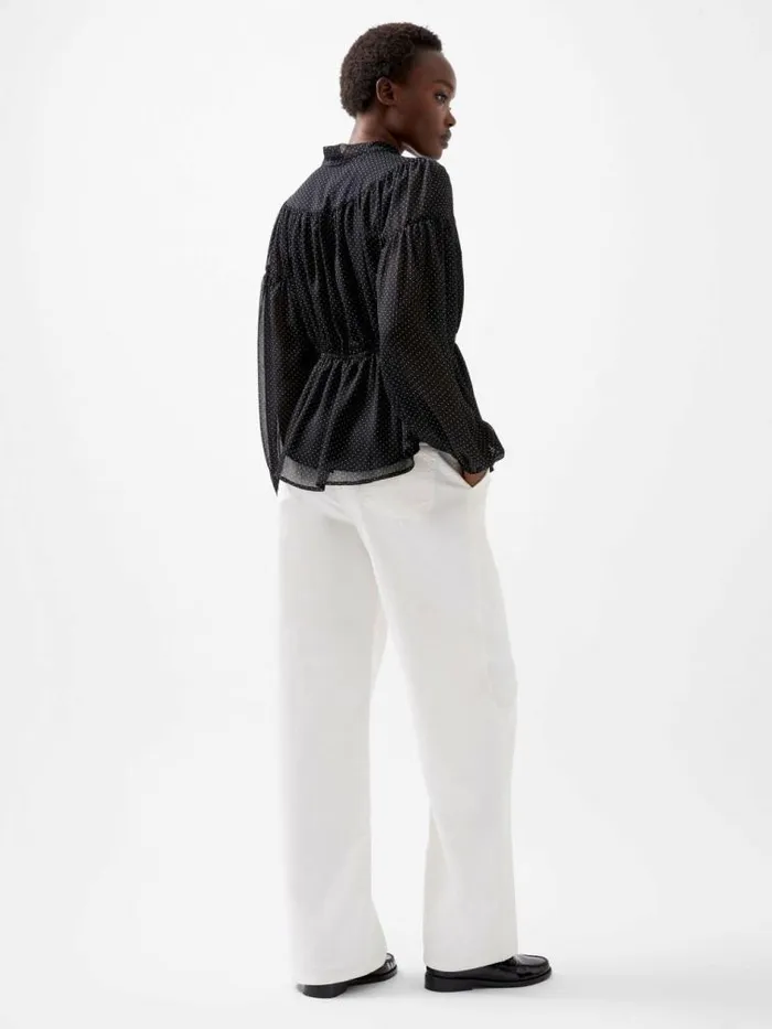 French Connection Ines Chiffon Fitted Waist Blouse Blackoutsummer Whit Women Tops