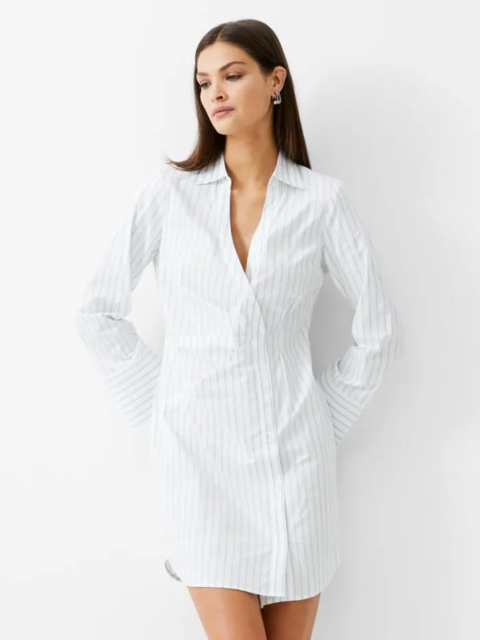 French Connection Isabelle Striped Poplin Shirt Dress Linen Whitecashmere Women Dresses