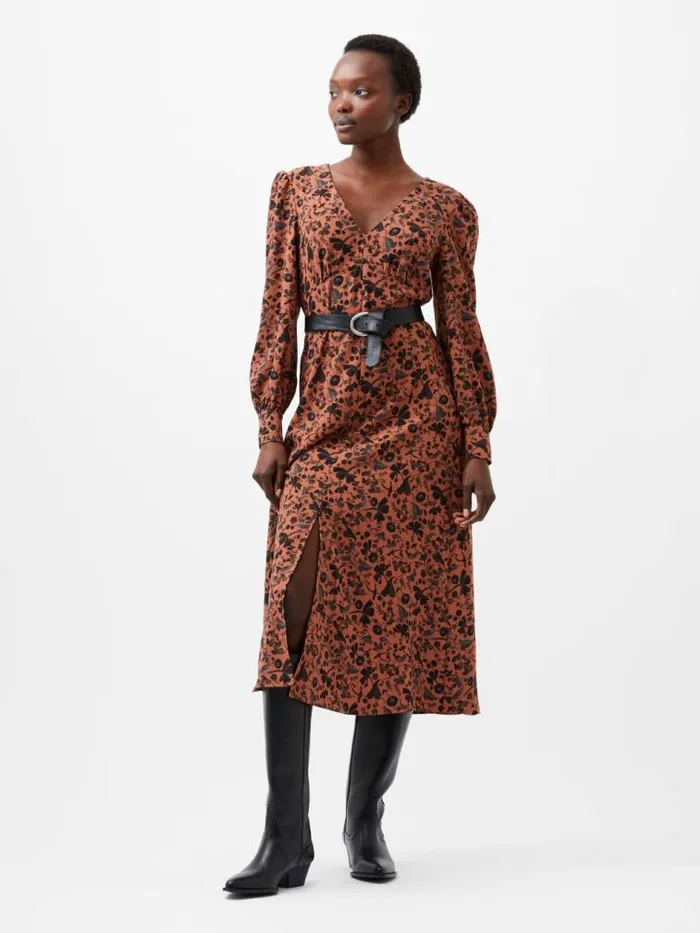 French Connection Jeanie Brina Crepe Midi Dress Russet Brown Multi Women Dresses