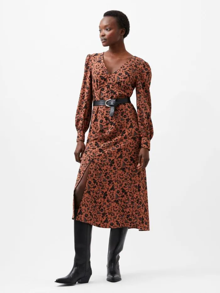 French Connection Jeanie Brina Crepe Midi Dress Russet Brown Multi Women Dresses