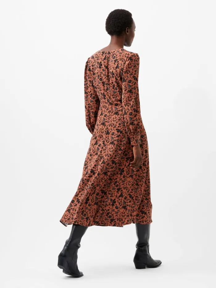 French Connection Jeanie Brina Crepe Midi Dress Russet Brown Multi Women Dresses