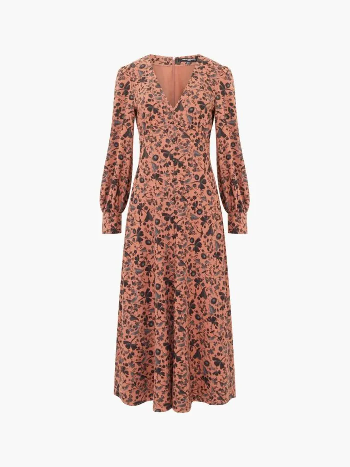 French Connection Jeanie Brina Crepe Midi Dress Russet Brown Multi Women Dresses
