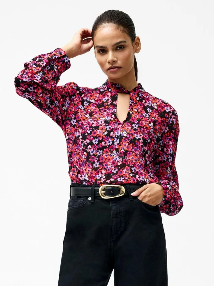 French Connection Jennifer Long Sleeve Keyhole Blouse Black Multi Women Tops