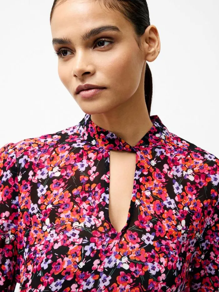 French Connection Jennifer Long Sleeve Keyhole Blouse Black Multi Women Tops