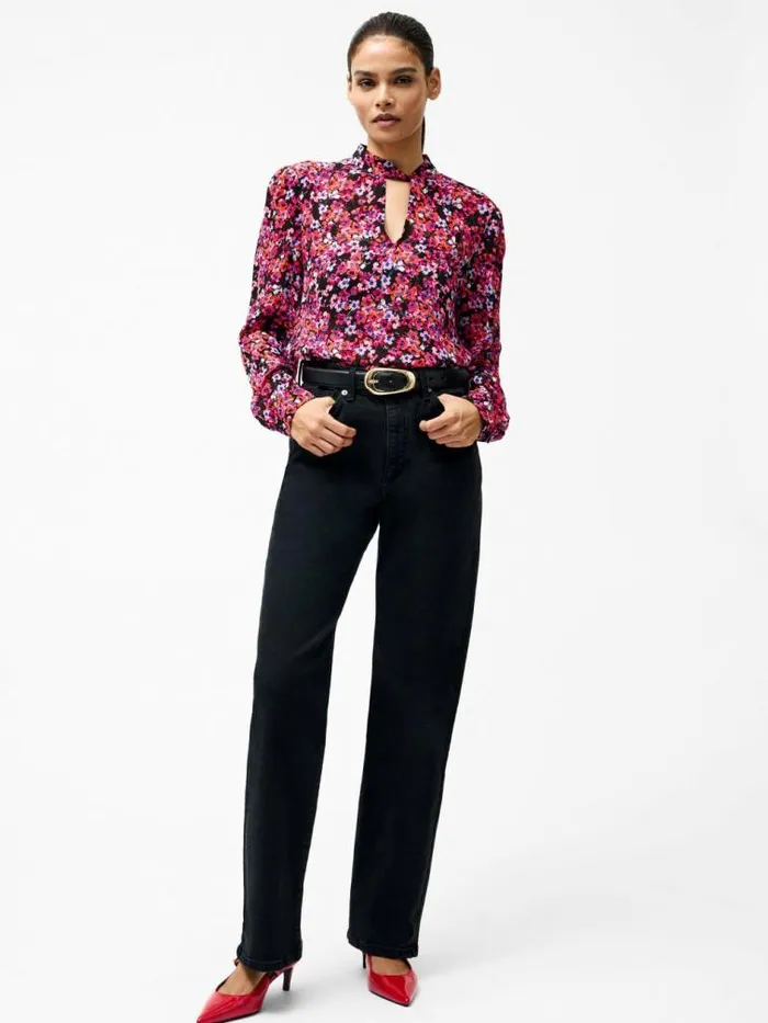 French Connection Jennifer Long Sleeve Keyhole Blouse Black Multi Women Tops
