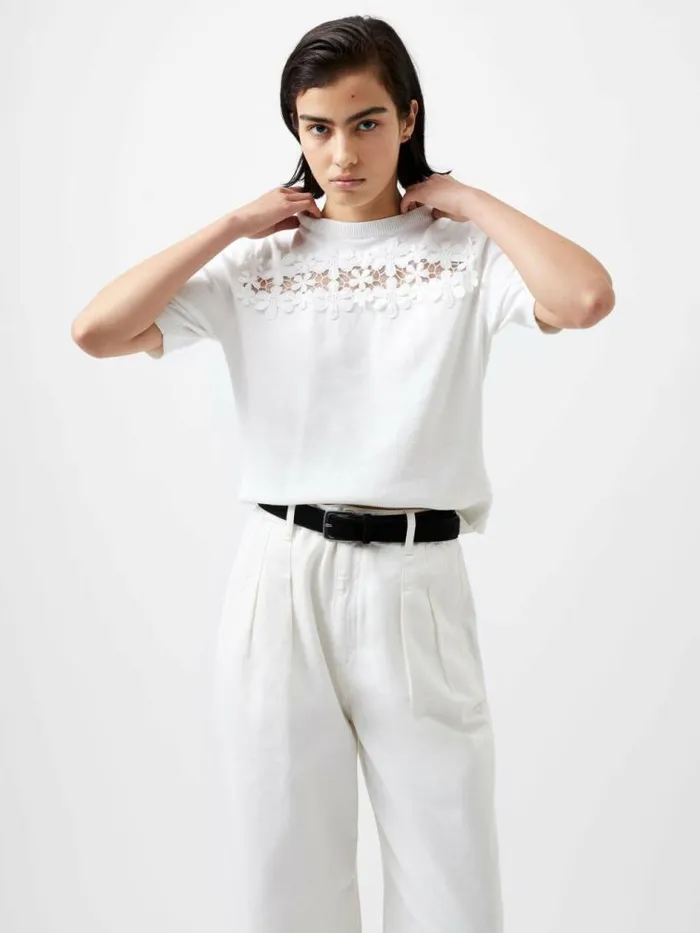 French Connection Jilly Cobalo Lace Short Sleeve Top Linen White Women Tops