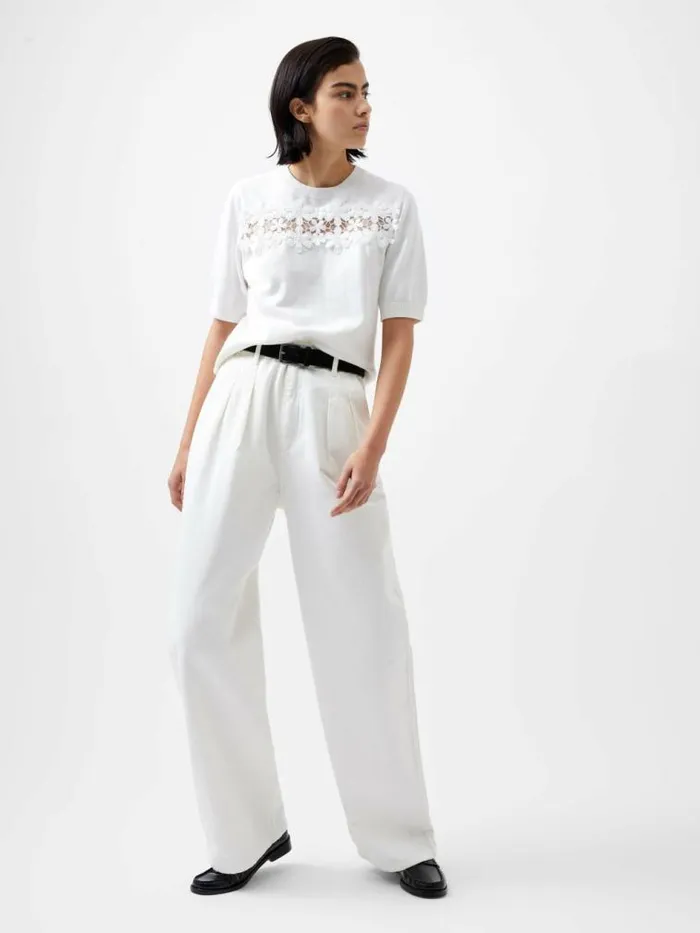 French Connection Jilly Cobalo Lace Short Sleeve Top Linen White Women Tops