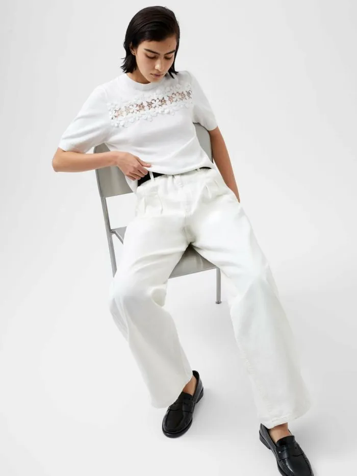 French Connection Jilly Cobalo Lace Short Sleeve Top Linen White Women Tops