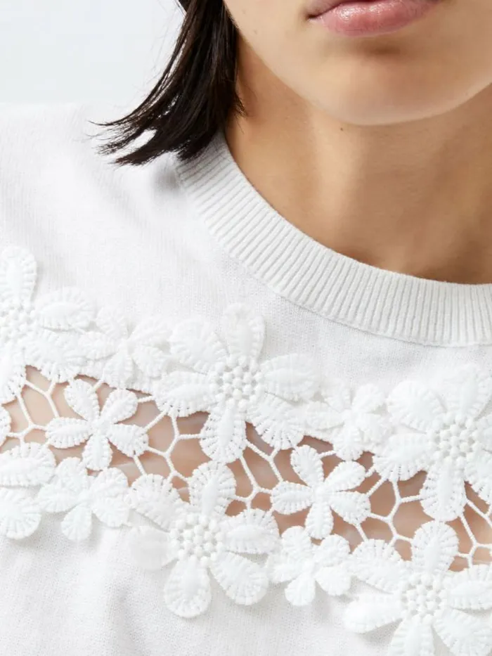 French Connection Jilly Cobalo Lace Short Sleeve Top Linen White Women Tops