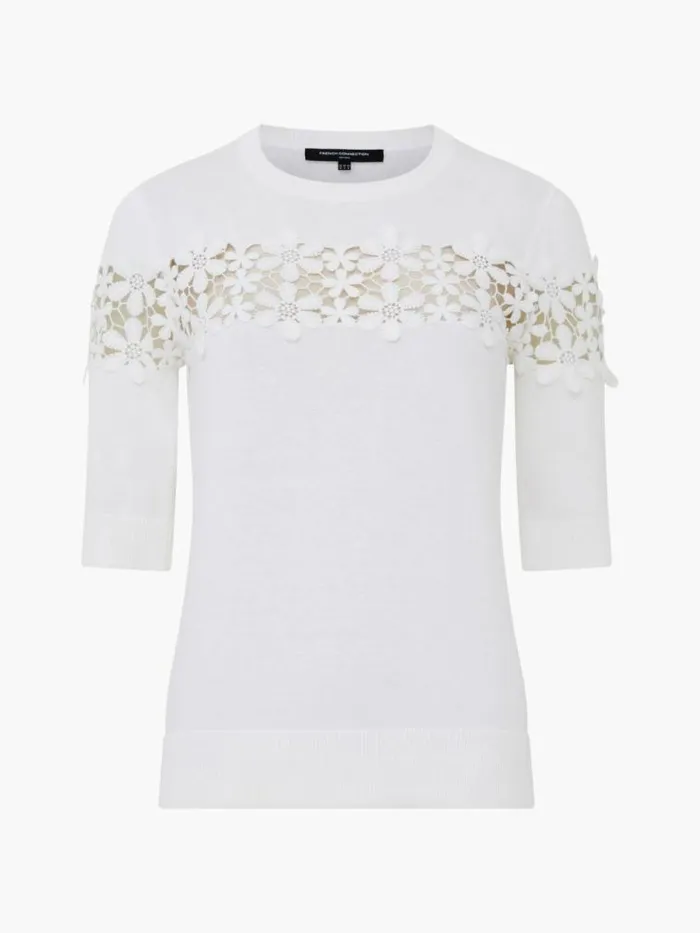 French Connection Jilly Cobalo Lace Short Sleeve Top Linen White Women Tops