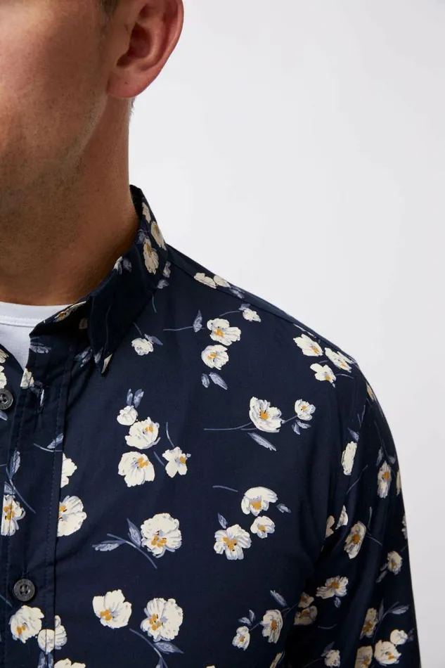 French Connection Large Floral Long Sleeve Shirt Marine Men Shirts