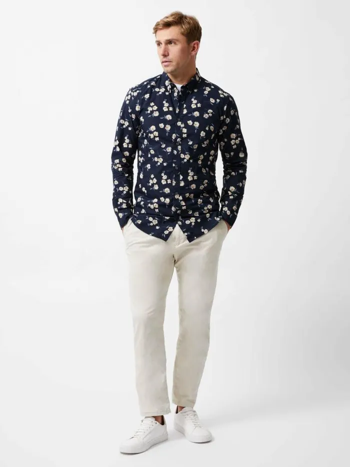 French Connection Large Floral Long Sleeve Shirt Marine Men Shirts