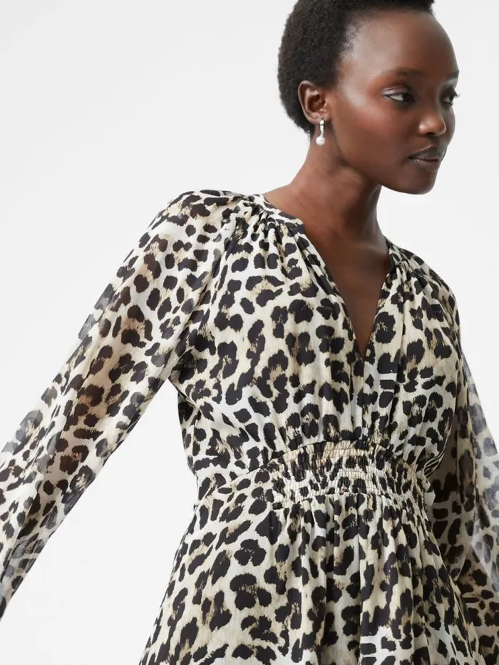 French Connection Leopard Print Georgette Long Sleeve Dress Leopard Women Dresses