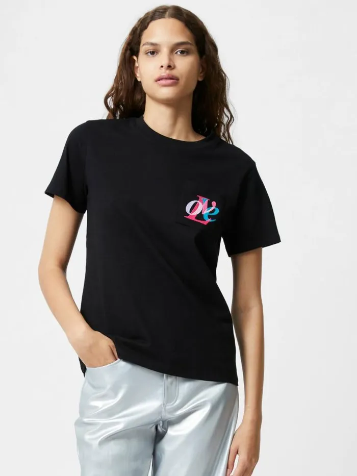 French Connection Love Embroidered Pocket TShirt Black Women Tops