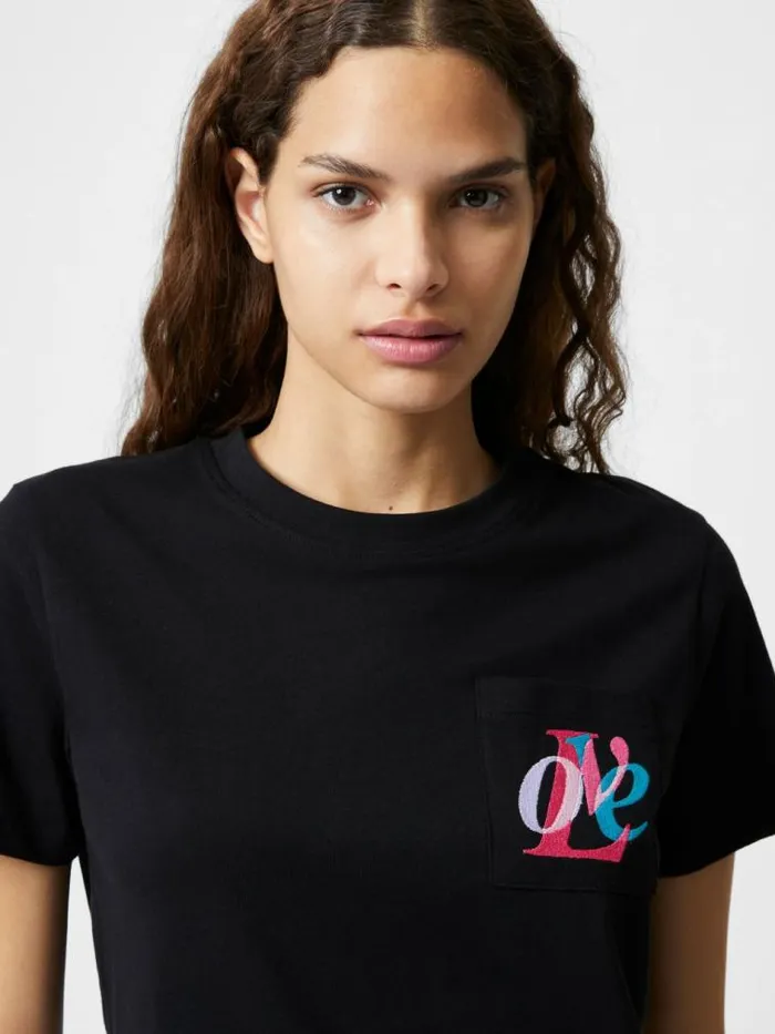 French Connection Love Embroidered Pocket TShirt Black Women Tops