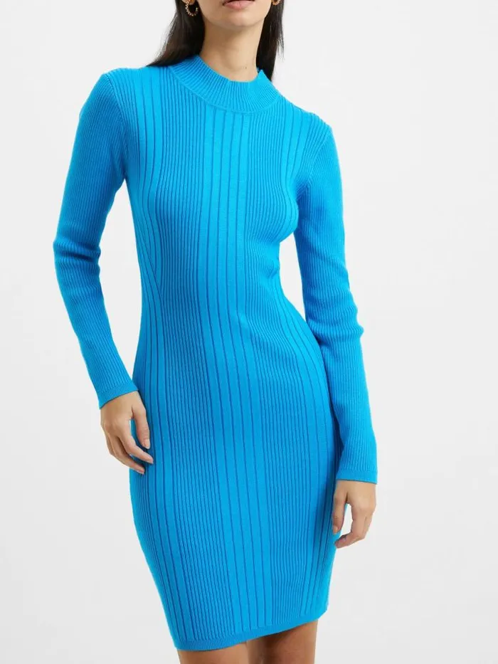 French Connection Mari Knit Roll Neck Mini Dress Blue Jewel Multi Women Dresses