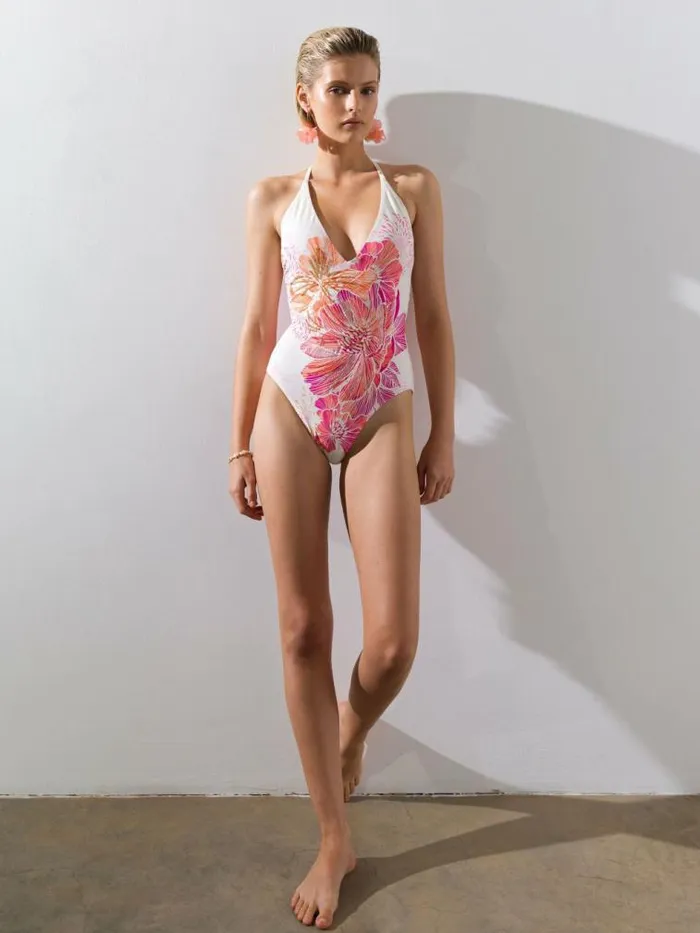 French Connection Miami Placement Plunge Swimsuit Whitepink Women Swimwear