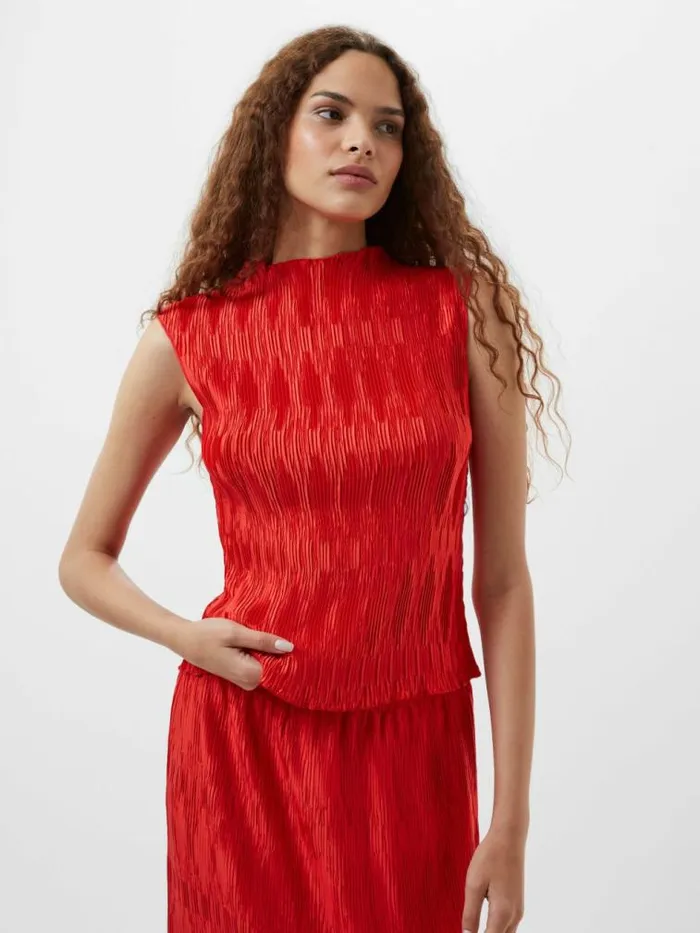 French Connection Moira Pleated Sleeveless Top Scarlet Red Women Tops