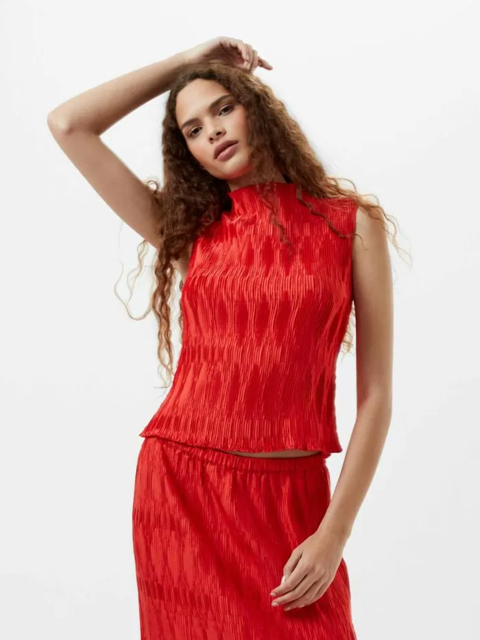 French Connection Moira Pleated Sleeveless Top Scarlet Red Women Tops