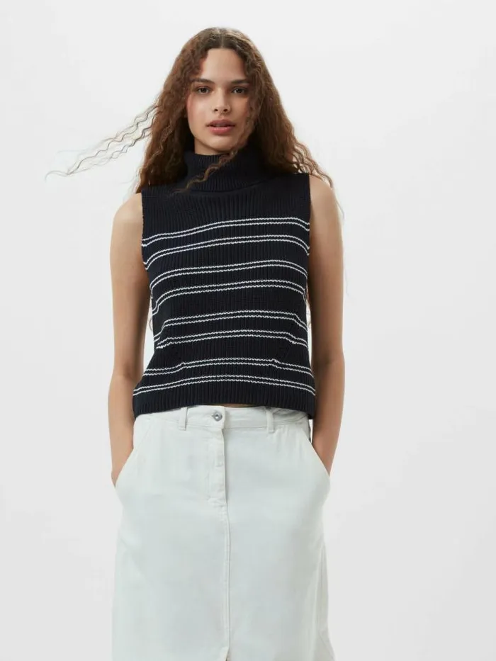 French Connection Mozart Striped Cropped Sleeveless Jumper Midnightwinter Wht Women Jumpers and Cardigans