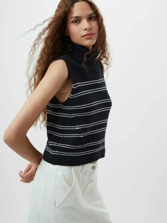 French Connection Mozart Striped Cropped Sleeveless Jumper Midnightwinter Wht Women Jumpers and Cardigans