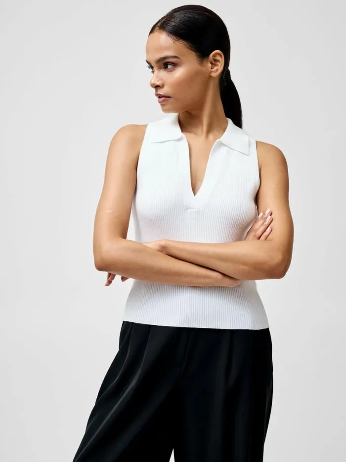French Connection Mozza Collared V Neck Sleeveless Jumper Summer White Women Jumpers and Cardigans
