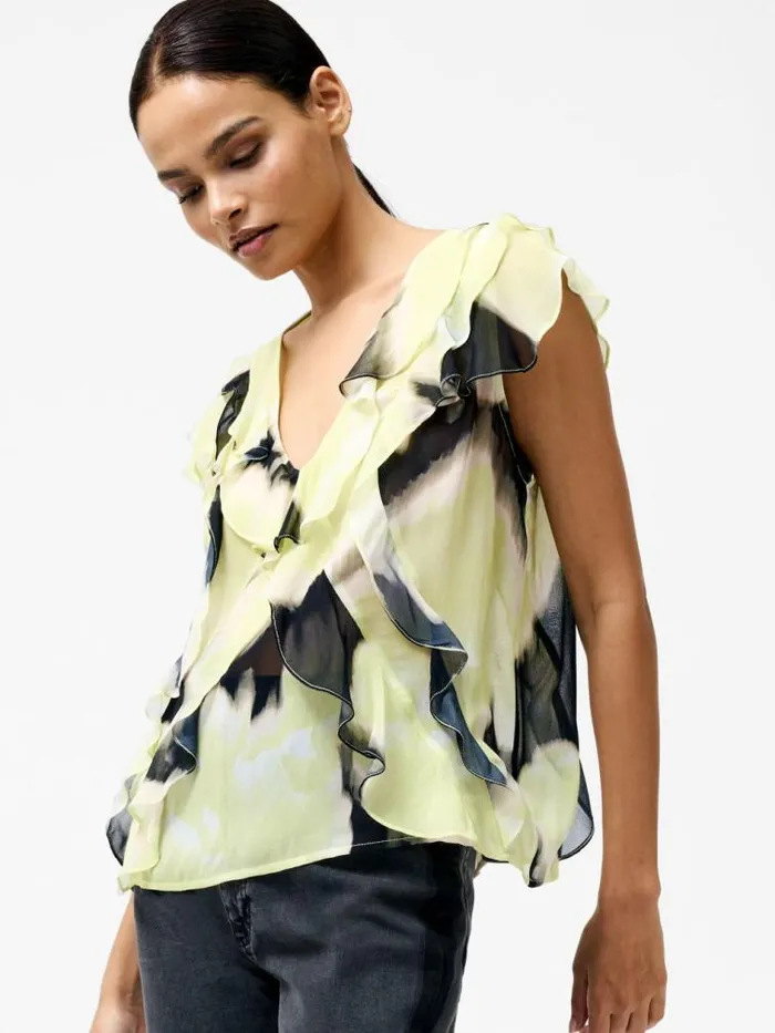 French Connection Natalie Eminia Chiffon Ruffle Top Light Lime Green Multi Women Tops French Connection Natalie Eminia Chiffon Ruffle Top Light Lime Green Multi Women Tops