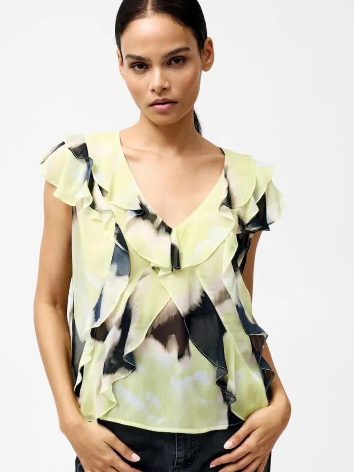French Connection Natalie Eminia Chiffon Ruffle Top Light Lime Green Multi Women Tops