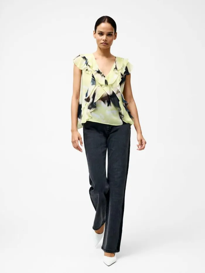 French Connection Natalie Eminia Chiffon Ruffle Top Light Lime Green Multi Women Tops