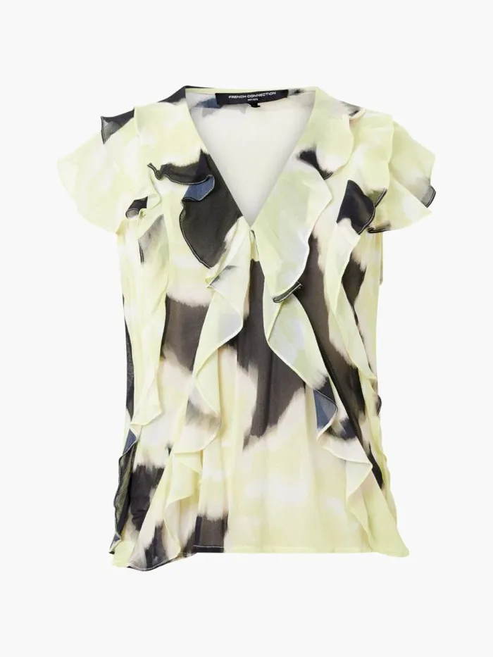 French Connection Natalie Eminia Chiffon Ruffle Top Light Lime Green Multi Women Tops
