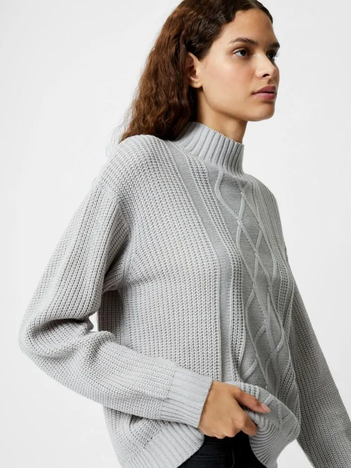 French Connection Premium Placement Cable Knit Jumper Lgt Grey Women Jumpers and Cardigans