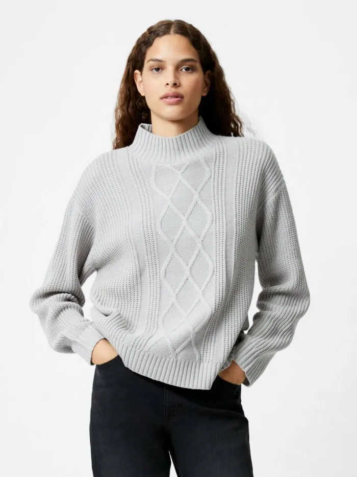 French Connection Premium Placement Cable Knit Jumper Lgt Grey Women Jumpers and Cardigans