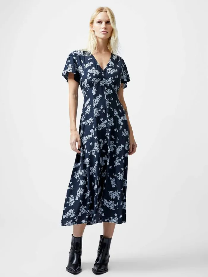 French Connection Raquel Eco Flutter Sleeve VNeck Midi Dress Navy Women Dresses French Connection Raquel Eco Flutter Sleeve VNeck Midi Dress Navy Women Dresses